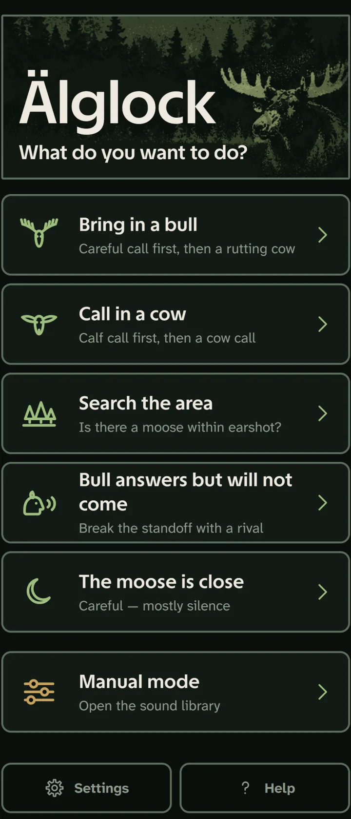 Älglock's home screen. Below the title are six choices: bring in a bull, call a cow, sweep the area, a bull answers but will not come, the moose is close, and manual mode which opens the sound library.