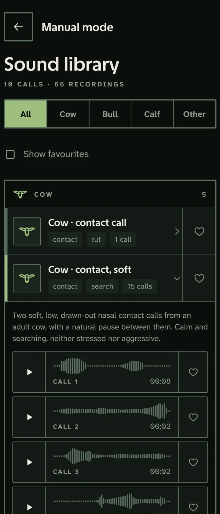 The sound library in manual mode, with the calls grouped by animal and tagged by intensity, length and range.