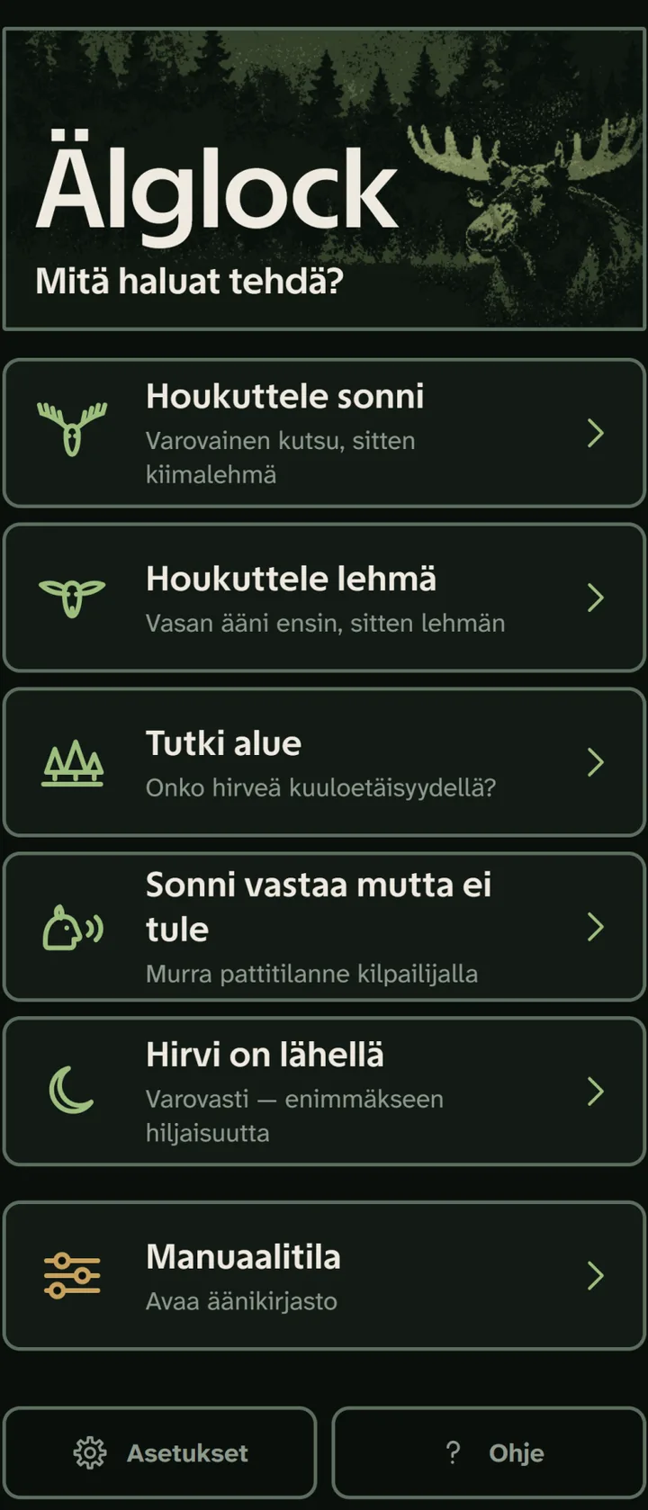 Älglockin aloitusnäyttö. Otsikon alla on kuusi valintaa: saada hirvi tulemaan, kutsua lehmää, kartoittaa alue, hirvi vastaa mutta ei tule, hirvi on lähellä, sekä manuaalinen tila joka avaa äänikirjaston.