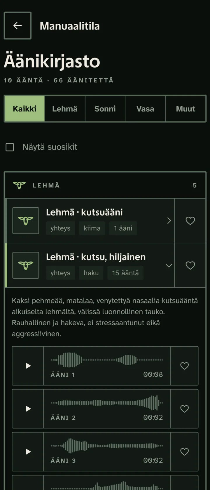 Äänikirjasto manuaalisessa tilassa, äänet ryhmiteltynä eläimittäin ja merkittynä voimakkuuden, keston ja etäisyyden mukaan.