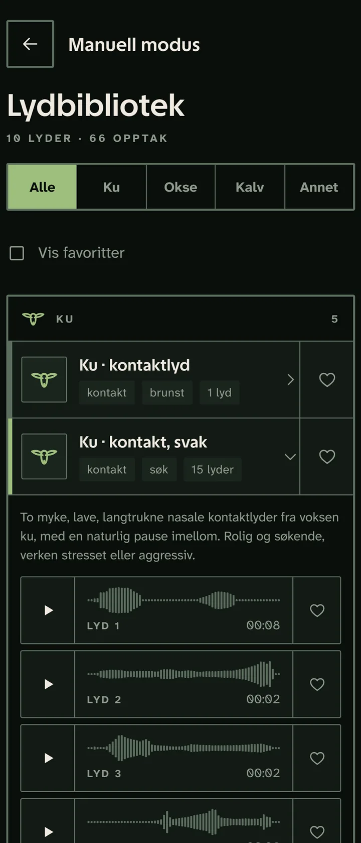 Lydbiblioteket i manuell modus, med lydene gruppert etter dyr og merket med styrke, lengde og avstand.