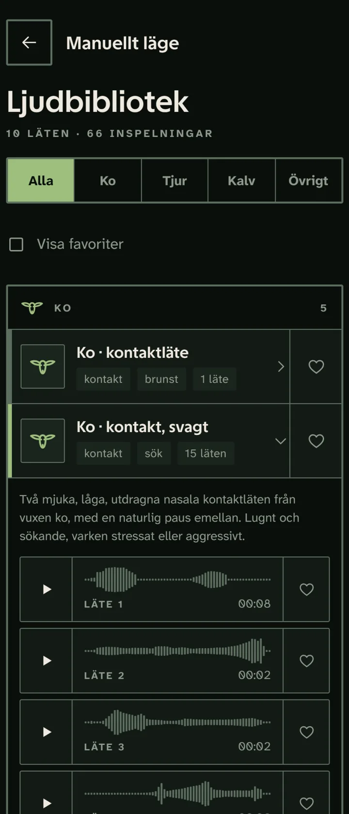 Ljudbiblioteket i manuellt läge, med lätena grupperade per djur och märkta med styrka, längd och avstånd.